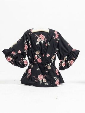 Pleione Black Floral Wrap Kimono with Pink Rose Accents